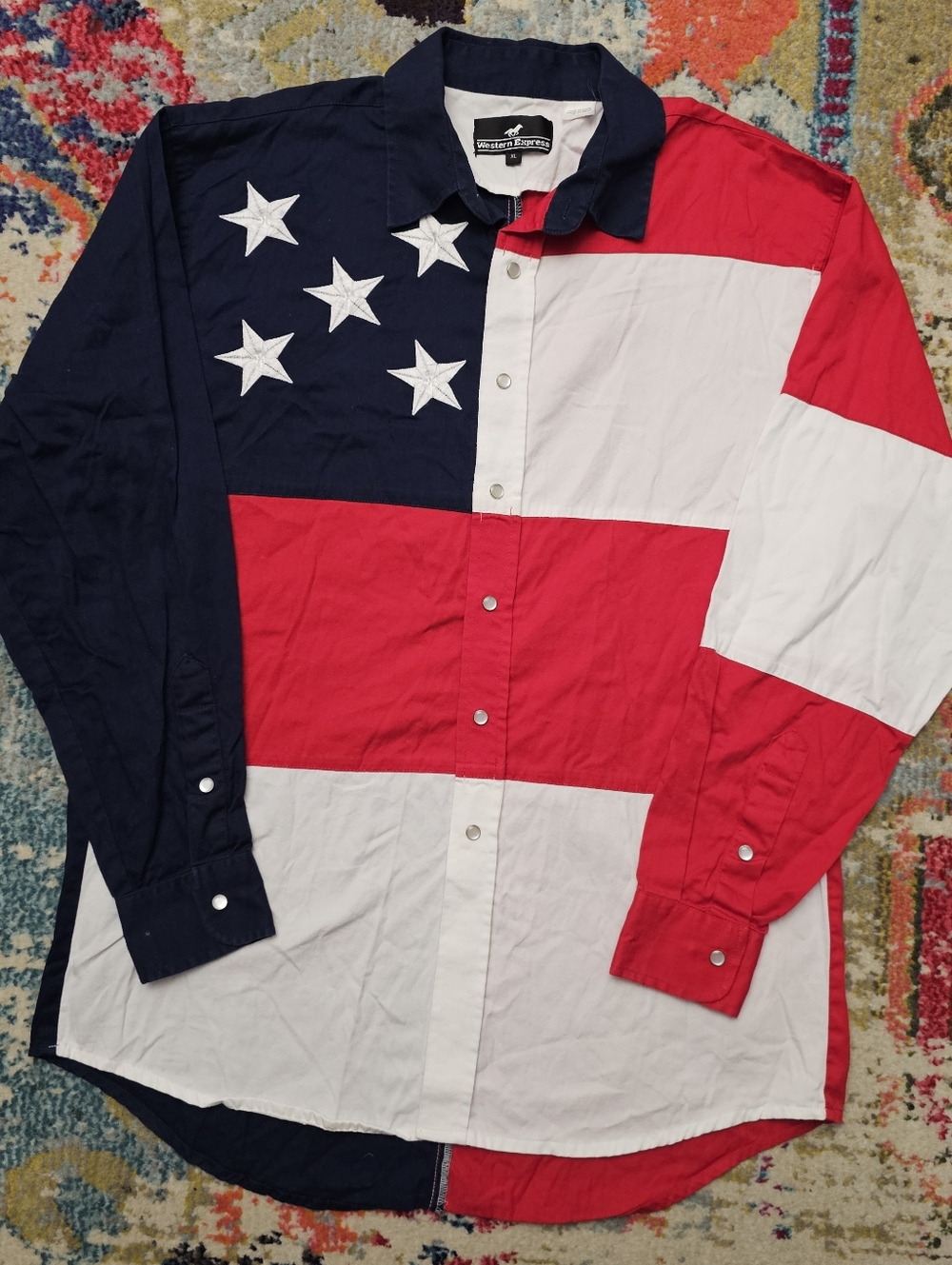 Western Express Flag Shirt Pearl Snap Rodeo Patriotic Mens XL USA 250 July 4th